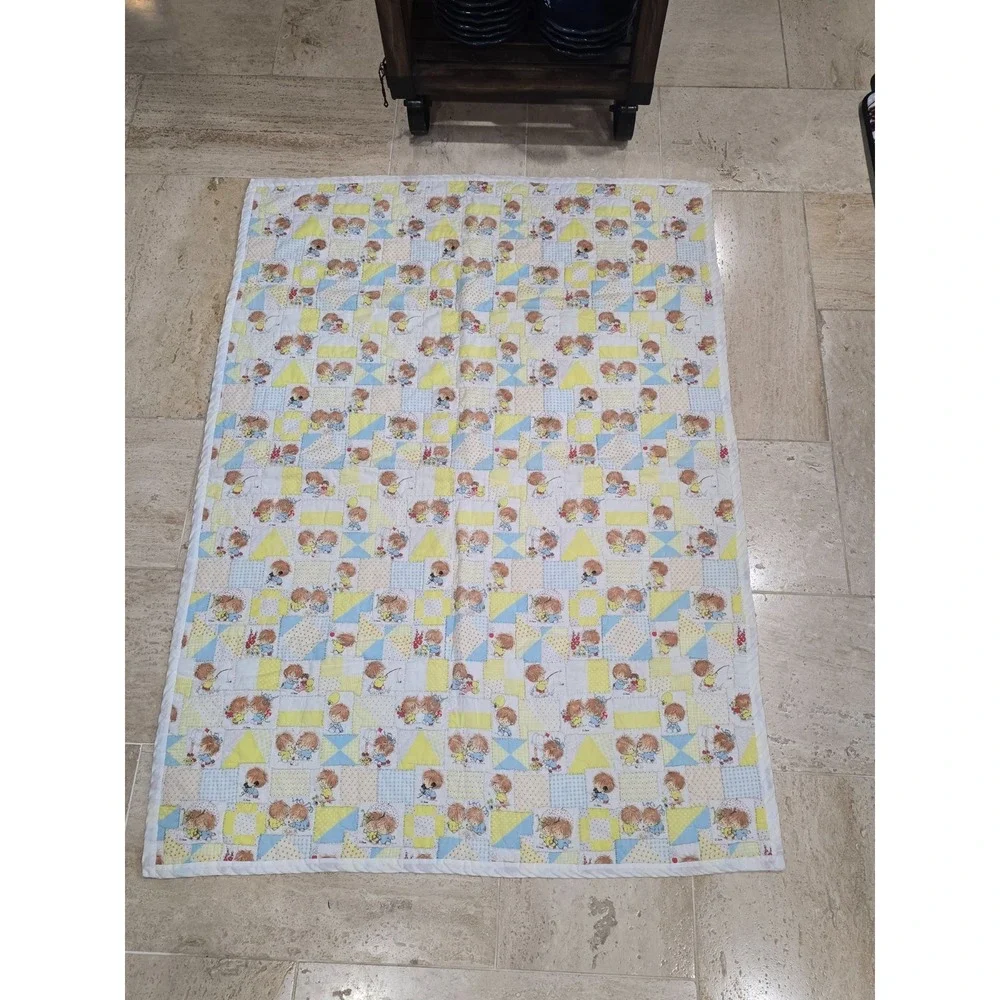 Vintage Lil Shavers Patchwork Baby Quilt Child Yellow Little 1970 Mop Top Hair